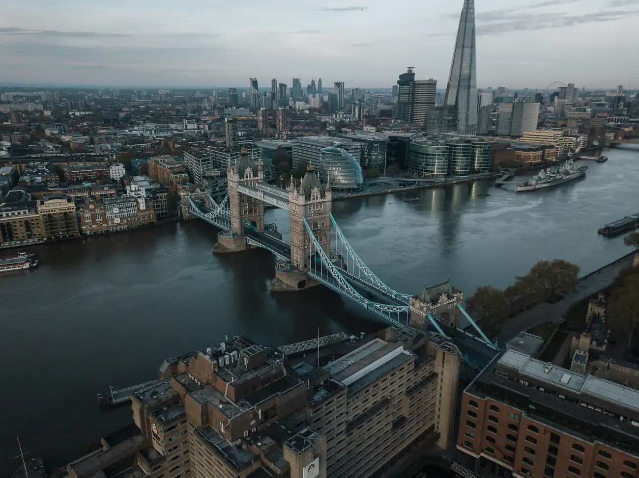 Aerial view of London and Tower Bridge over the River Thames